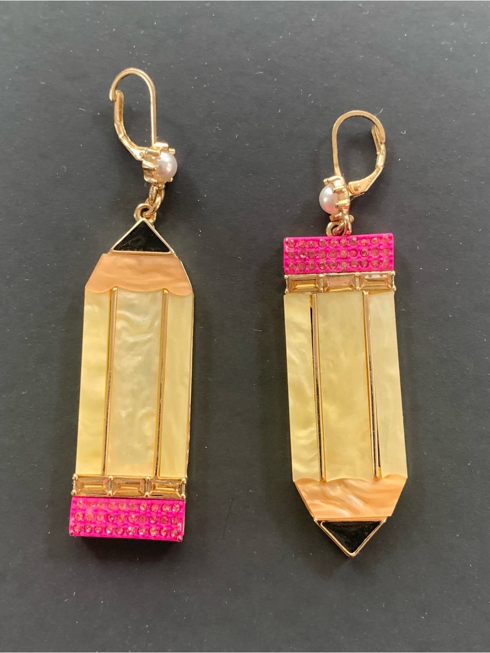 Betsey Johnson Funky Pencil Drop Earrings with Hot Pink Crystals Teacher